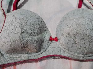 Lace Padded Bra with Red Trim