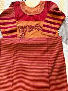 Embellished Orange and Red Striped Kurta