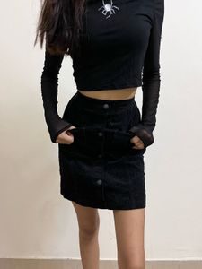 Black Button-Front Mini Skirt with Patch Pockets