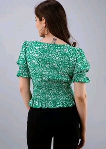 Green Floral Smocked Square Neck Top