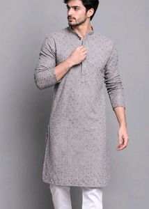 Men's Grey Embroidered Kurta