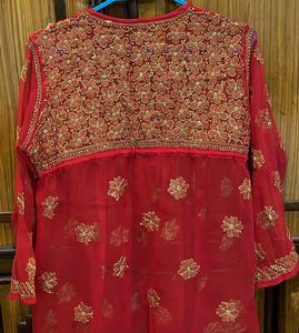 Red &amp; Yellow Embroidered Short Kurti
