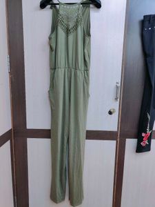 Olive Green Crochet Jumpsuit With Pockets