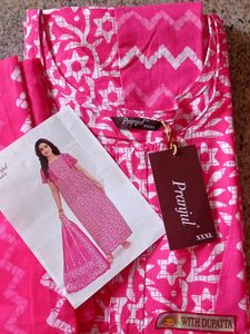 Pink Batik Duppata Nighty With Pocket