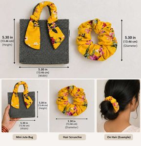 Yellow Floral Scrunchie & Mini Jute Bag Set