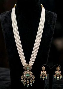 Elegant Pearl Necklace with Emerald Pendant & Earr