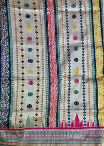 Elegant Off-White Saree with Pink &amp; Teal Motifs