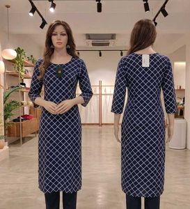 Navy Blue & White Grid Print Straight Kurti