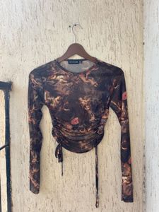 Sheer Mesh Ruched Long Sleeve Top