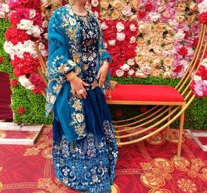 Velvet Blue Embroidered short kurti with skirt
