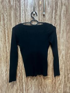 Black Ribbed V-Neck Long Sleeve Top