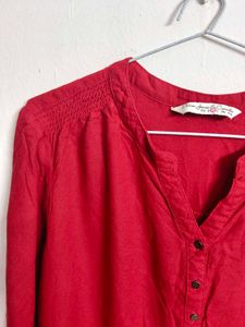 Red V-Neck Button-Up Blouse