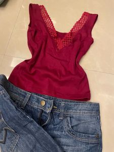 Stylish Burgundy Lace Trim Top