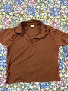 Brown Ribbed Polo Neck Crop Top