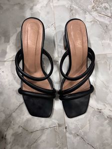 Black Strappy Block Heel Mules