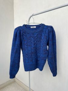 Blue Cable Knit Puff Sleeve Sweater