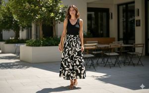 Black &amp; Off White Floral Print Skirt