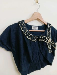 Chic Black Pearl Embellished Cropped Top