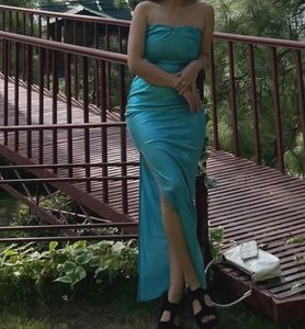 Elegant Strapless Blue Maxi Dress