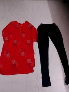 Red Printed Kurta with Black Leggings