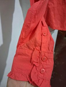 Coral Ruffled Button-Up Shirt