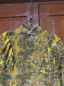 Yellow Floral Ruffle Neck Blouse