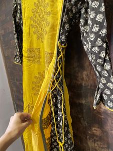 Mustard Yellow Two Layer Up And Down Kurti With Beautiful Katha Embroidery