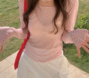 Cute Pink Polka Dot Mesh Top