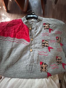 Grey Kurta with Pink Accent
