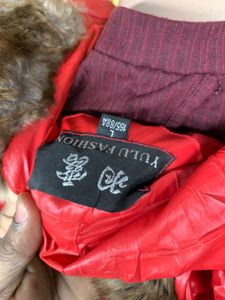 Red Puffer Jacket with Fur Trim