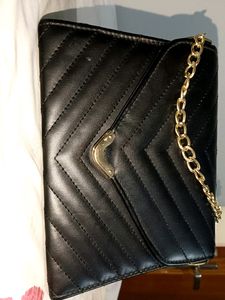 Black Purse With Gold Chain Strip Matte Finish