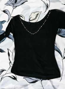 Women Black Sexy Deep V-neck Crystal Stone Top