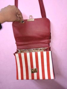 Red &amp; White Striped box sling Bag