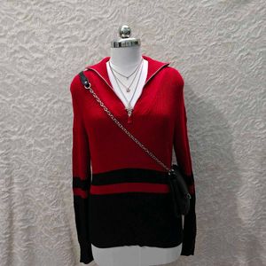 Ralph Lauren Red & Black Striped Quarter Zip Sweat