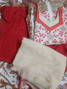 Red & White Embroidered Kurta Set with Dupatta