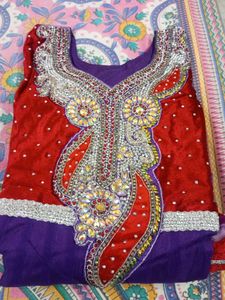 Elegant Purple &amp; Red Anarkali Suit Front Velvet