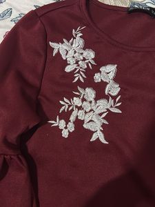 Maroon Embroidered Top With Bell Sleeves