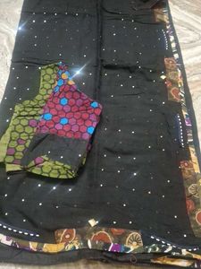 Black linen Saree with Embellishments and Blouse P