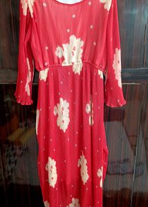 Red Floral Pleated Maxi Dress