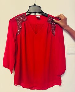 Elegant Red Beaded Shoulder Top