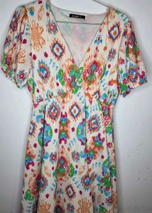Vibrant Boho Print Puff Sleeve Dress