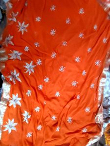 Orange Floral Embroidered Saree