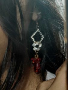 White Crystal Red Beaded Drop Earrings