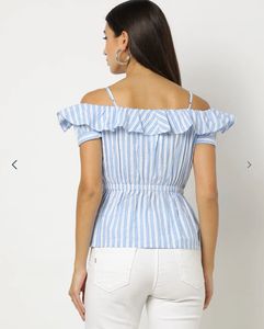 Blue Striped Cold Shoulder Top