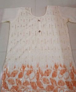 Elegant White Kurta with Orange Leaf Print