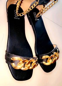Black Partywear Flats With Gold Chains