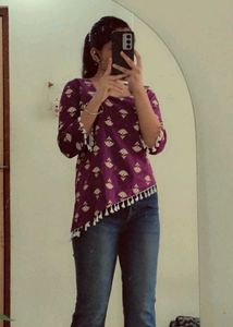 Vibrant Purple Short Kurti with Floral Print