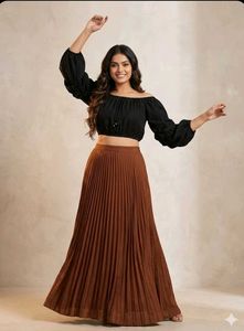 Brown Pleated Maxi Skirt