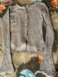 Gray Knit Cardigan with Bell Sleeves