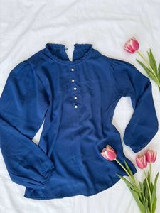 Elegant Navy Blue Ruffle Neck Top🌷